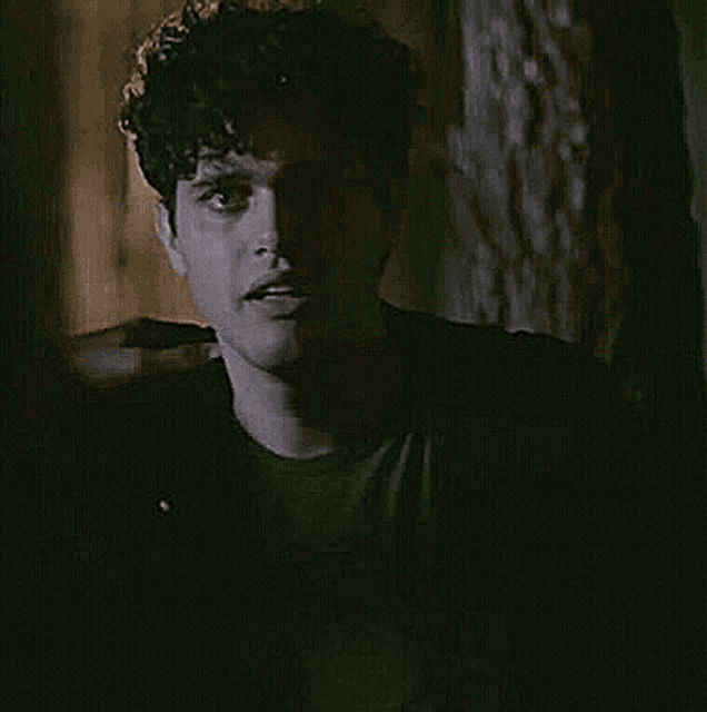 a man with curly hair is smiling while standing next to a tree in the dark .