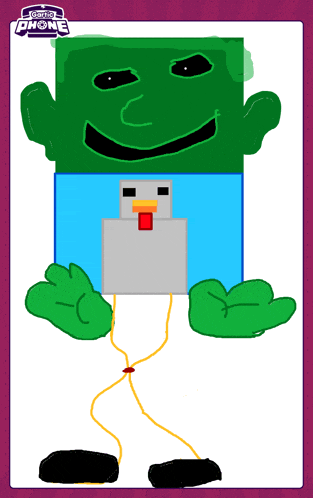 a drawing of a hulk holding a chicken with a tomy phone logo in the corner