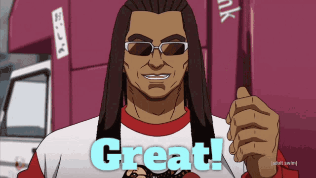 a man with long hair is wearing sunglasses and holding up the word great