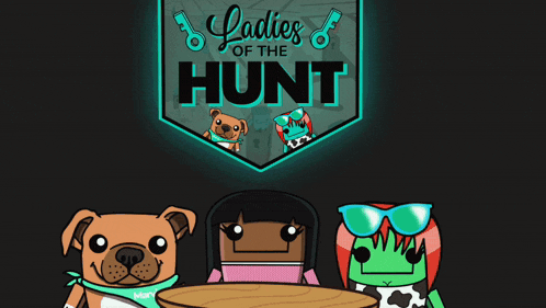 a sign that says ladies of the hunt with cartoon characters sitting around a table
