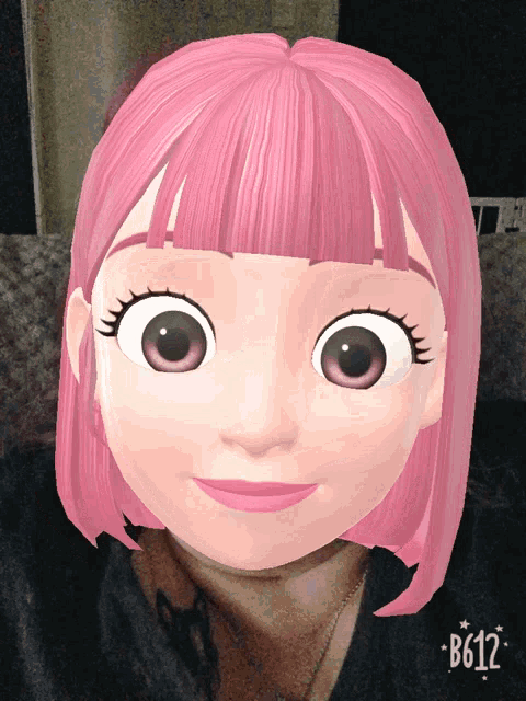 a cartoon girl with pink hair has the number b612 on the bottom right