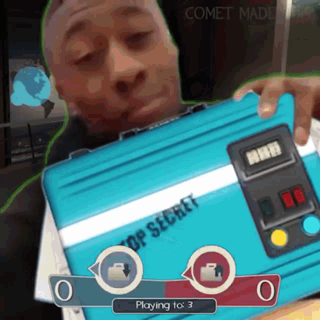 a man holding a blue briefcase that says top secret on it