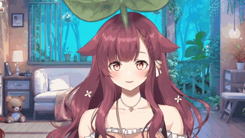 a girl with a leaf on her head looks at the camera