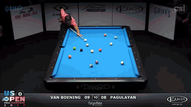 a man is playing pool on a blue table