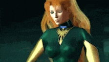 a woman with red hair is wearing a green and gold costume .