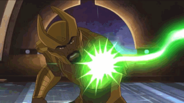 a cartoon character with a green light coming out of his chest
