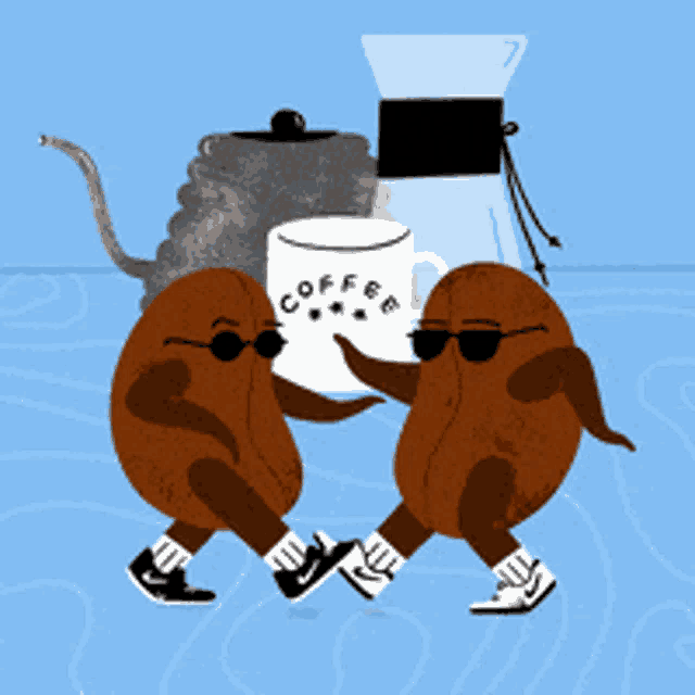 two coffee beans are dancing in front of a coffee mug