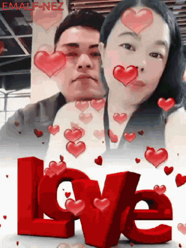 a man and a woman are surrounded by hearts and the word love is in the foreground