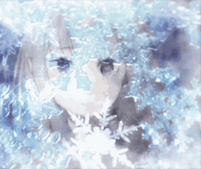 a painting of a girl with snowflakes around her face