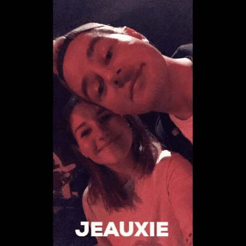 a man and a woman are posing for a picture with the words jeauxie written below them