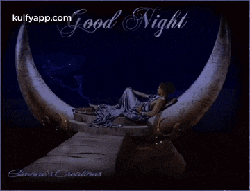a woman is laying on a crescent moon with the words `` good night '' written on the bottom .