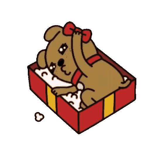 a dog with a red bow on its head is laying in a box