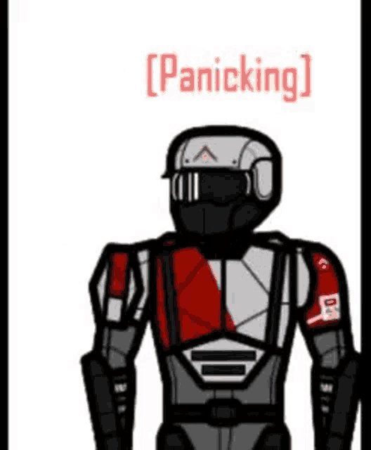 a cartoon drawing of a robot wearing a helmet and sunglasses with the words panicking written above him .