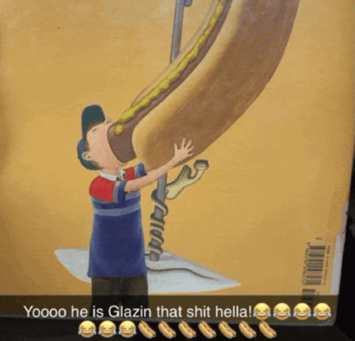 a picture of a boy eating a hot dog with a caption that says " yoooo he is glazin that shit hella "