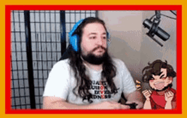 a man with long hair and a beard is wearing headphones and a t-shirt that says roast
