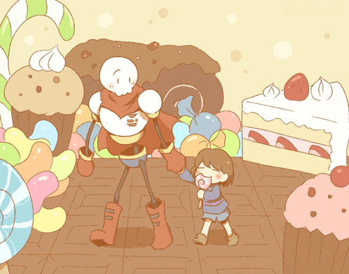 a cartoon drawing of papyrus and frisk surrounded by candy and cupcakes