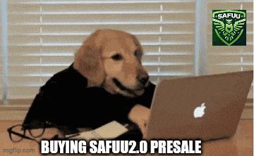 a dog is sitting in front of an apple laptop with the words " buying safuu2.0 presale " written below it