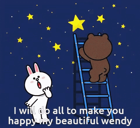 a brown bear is standing on a ladder holding a star while a bunny looks on