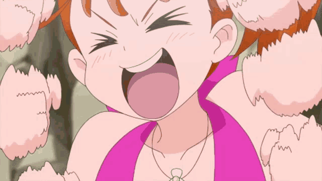 a cartoon girl with orange hair is wearing a pink top and smiling