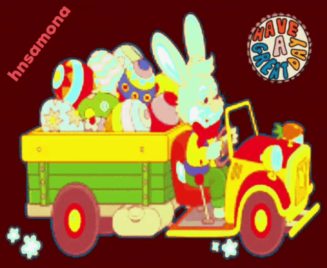 a cartoon of a rabbit driving a truck with easter eggs in the back
