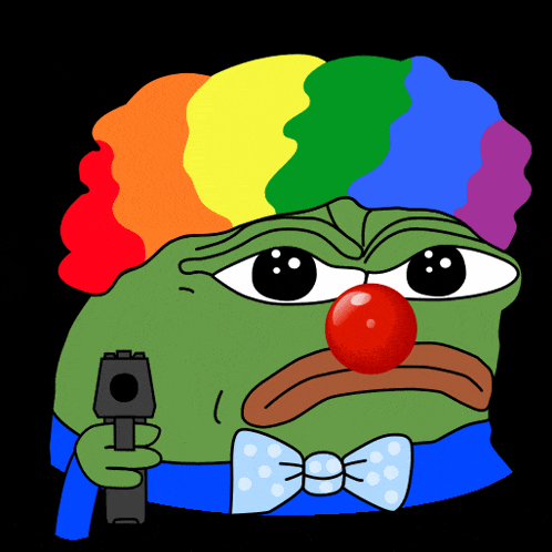 a green frog wearing a rainbow wig and a bow tie is holding a gun