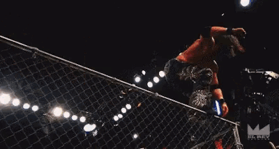 two men are fighting in a cage in a boxing ring .