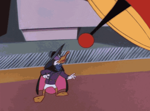 a cartoon duck is standing in front of a large red object