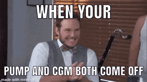 a man in a suit and bow tie is smiling with the caption when your pump and cgm both come off ..