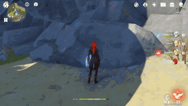 a screenshot of a video game shows a character standing in front of a rock