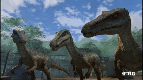 three dinosaurs are standing next to each other with a netflix logo on the bottom