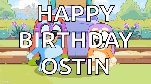 a cartoon says happy birthday ostin with a purple train in the background