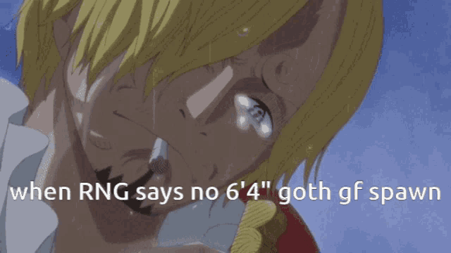 a cartoon of a man crying with the words " when rng says no 6 4 "