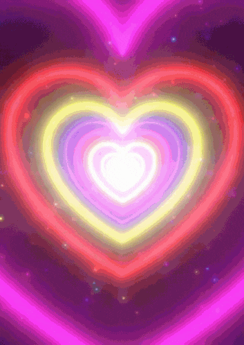 a rainbow of neon hearts on a dark purple background