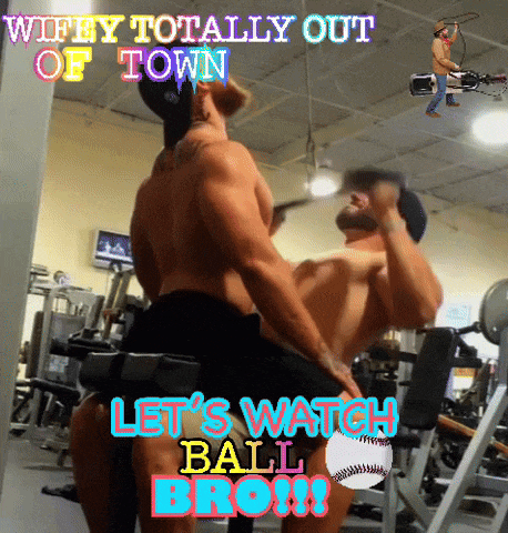 a picture of two men in a gym with the caption wifey totally out of town