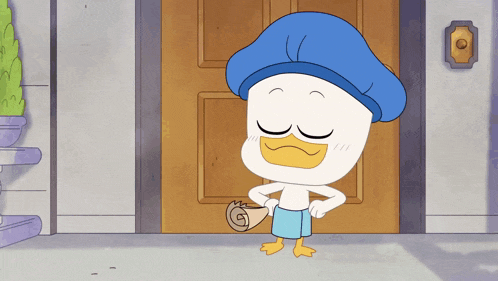 a cartoon duck wearing a blue hat and shorts stands in front of a door
