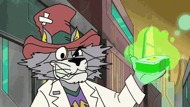 a cartoon cat holding a stack of money