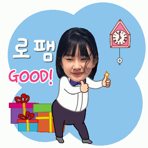 a cartoon of a girl giving a thumbs up next to a clock that says good