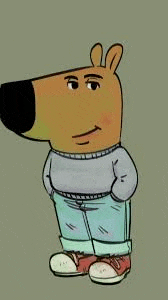a cartoon bear wearing a sweater and jeans is standing with his hands on his hips .