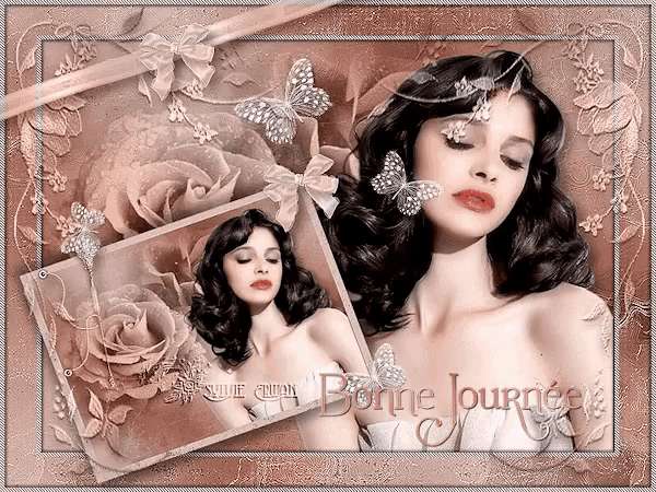 a picture of a woman with butterflies and the words bonne journee on it