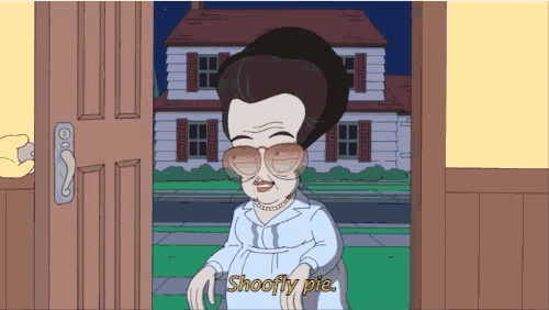 a cartoon of a woman standing in front of a house saying shoofly pie