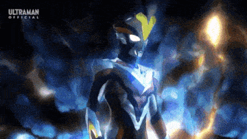 a cartoon character from ultraman is standing in a dark room