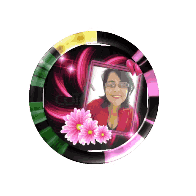 a picture of a woman in a pink and black frame with pink flowers