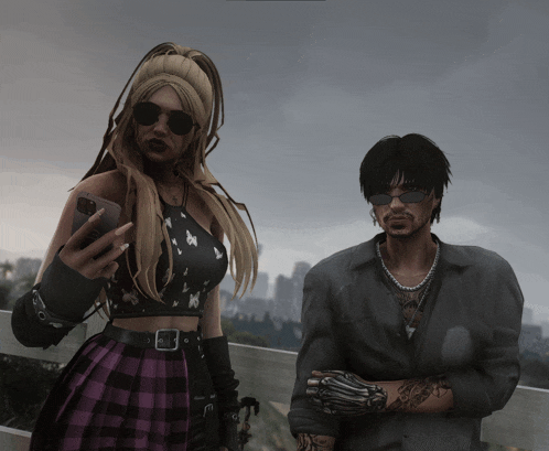 a man and a woman are standing next to each other and the woman is taking a selfie