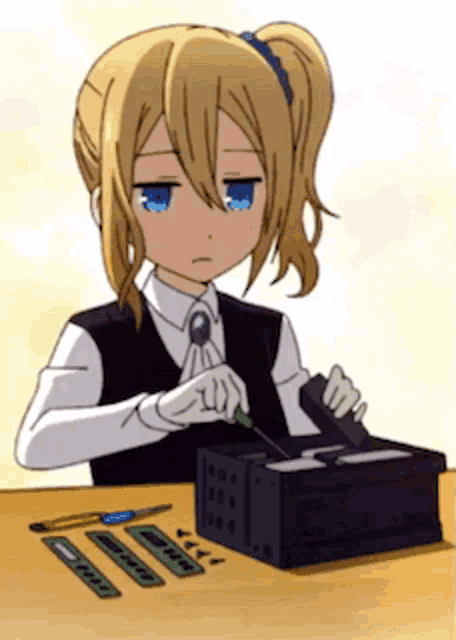 a girl with blonde hair and blue eyes is sitting at a table working on a computer .