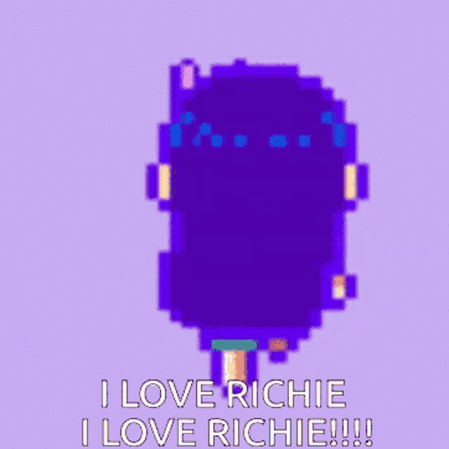 a pixel art of a girl with purple hair saying i love richie