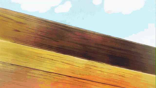 a close up of a wooden fence with a blue sky in the background