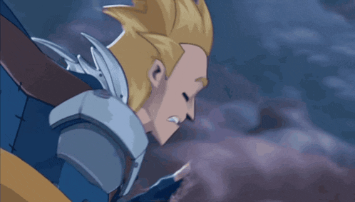 a cartoon character with blonde hair and blue gloves reaching out