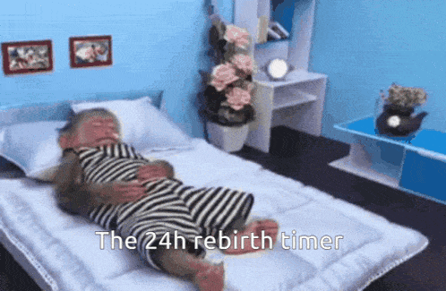 a monkey is laying on a bed with the 24h rebirth timer written on it