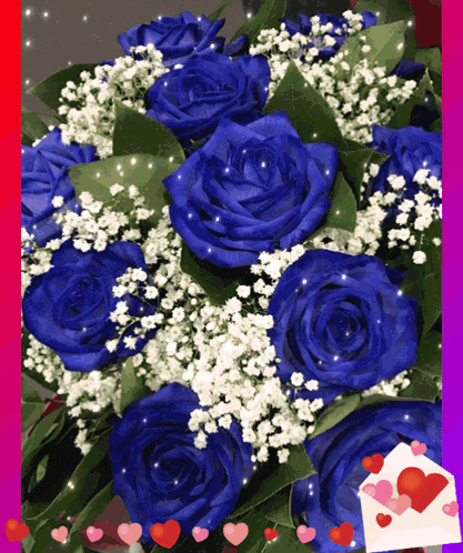 a bouquet of blue roses with white baby 's breath surrounded by hearts and an envelope