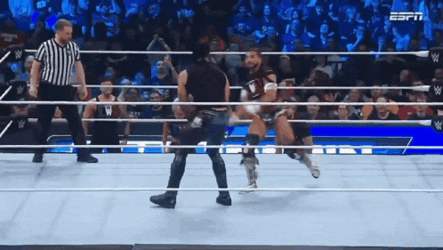 a referee stands in a wrestling ring watching a match between two wrestlers